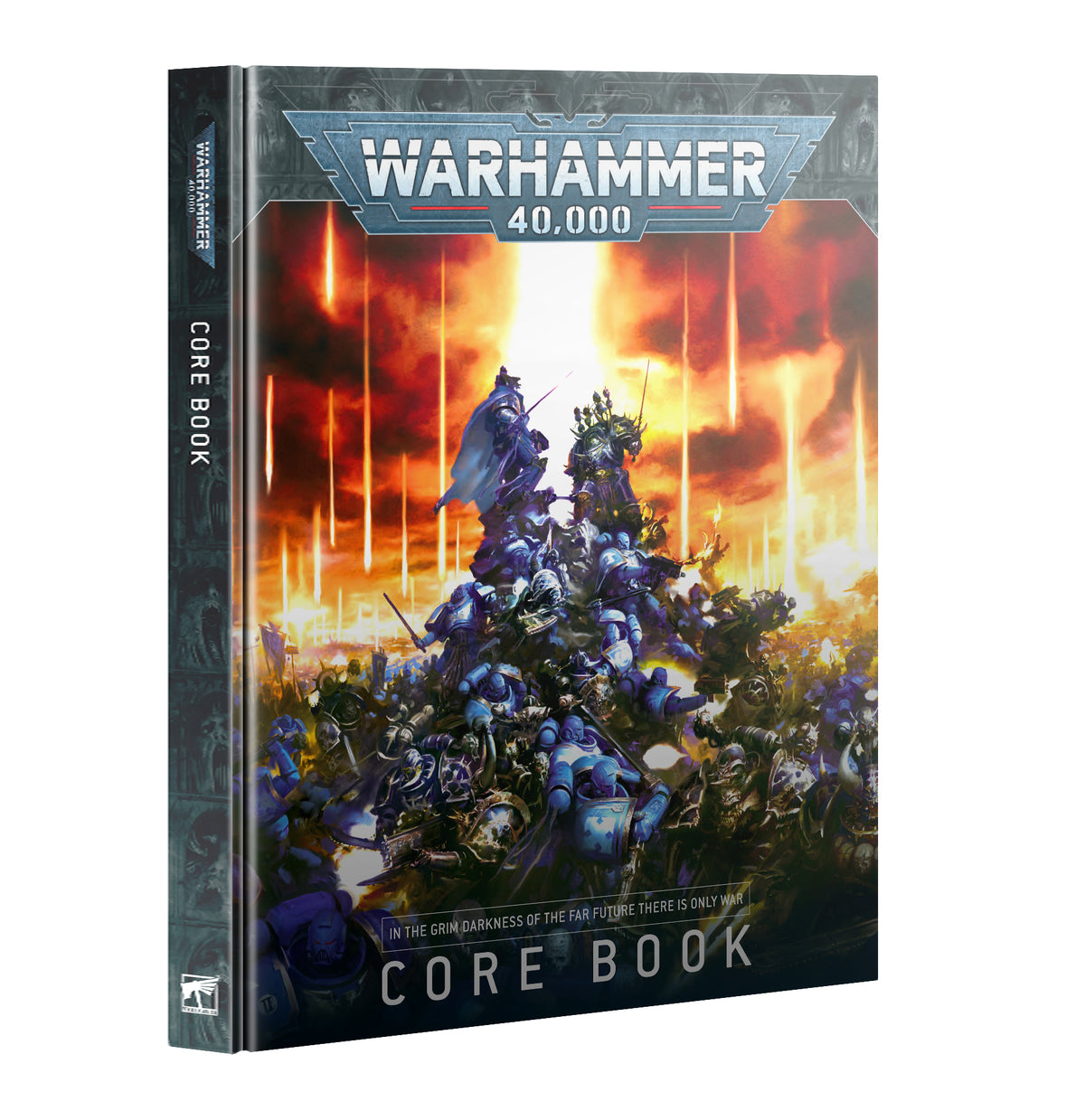 The cover of the Warhammer 40,000: Core Book featuring a vibrant illustration of Citadel miniatures in a battle setting against a fiery backdrop.